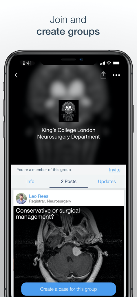 MedShr: The App for Doctors - Interface of the MedShr app showing a neurosurgery group with a patient case discussion.