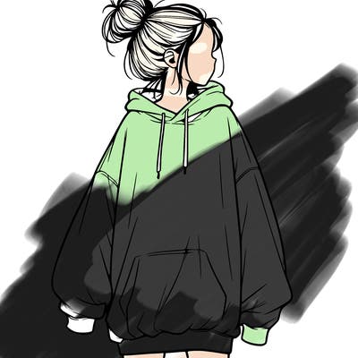 realistic girl with a oversized sweatshirt on and a bun