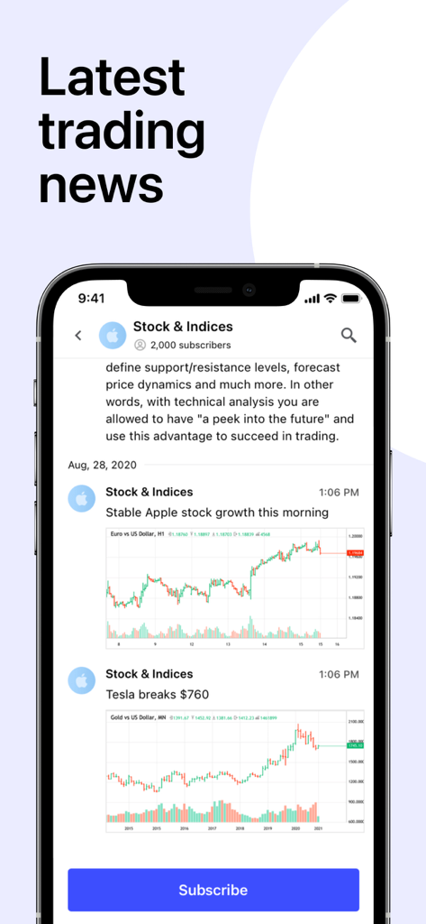 Interfaz de la aplicación MQL5 Channels mostrando noticias de trading y gráficos de análisis técnico para acciones e índices.