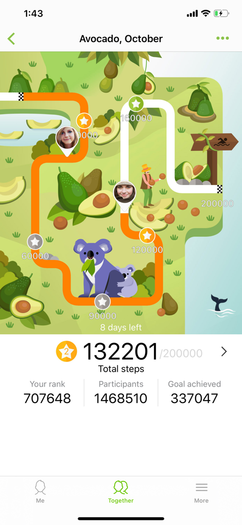 A screenshot of the Samsung Health app Together tab showing a monthly global step challenge with a gamified map and user rankings.