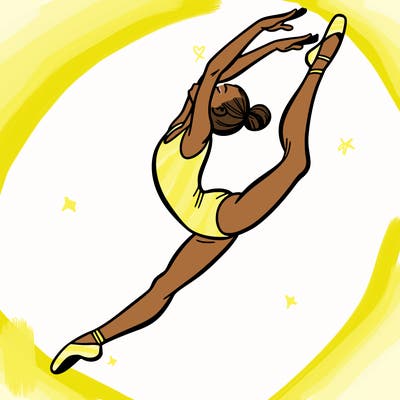 gymnast doing a leap in a leotard with a bent back leg
