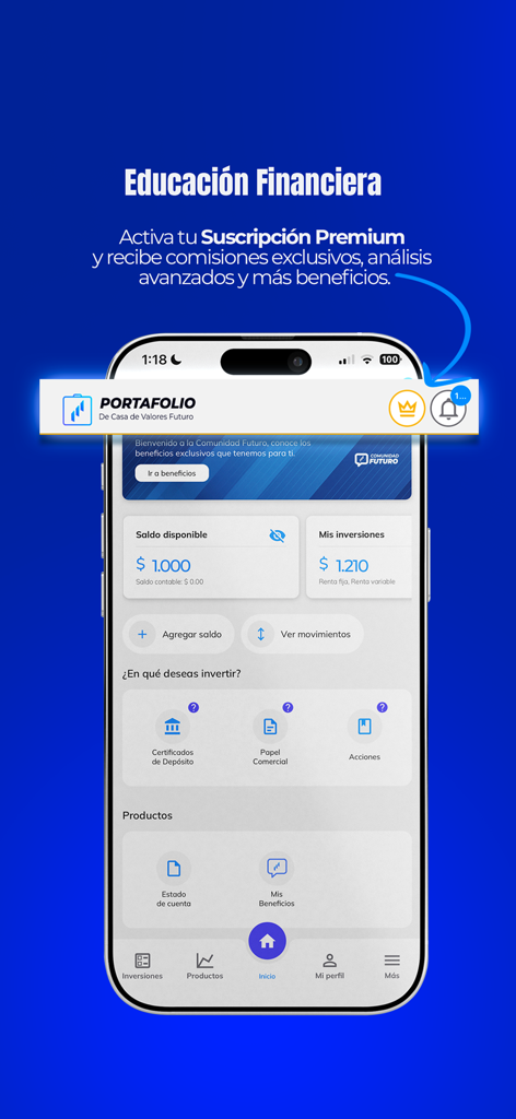 투자 잔액과 금융 옵션을 보여주는 Portafolio Futuro 앱의 홈 화면