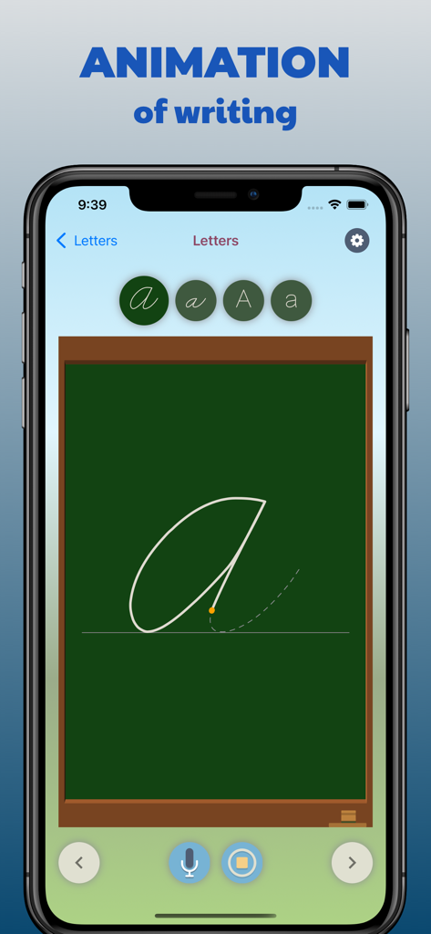 Handwriting Tracing Practice - Pantalla de smartphone que muestra una animación de letra cursiva en una pizarra digital verde dentro de la aplicación Handwriting Tracing Practice.