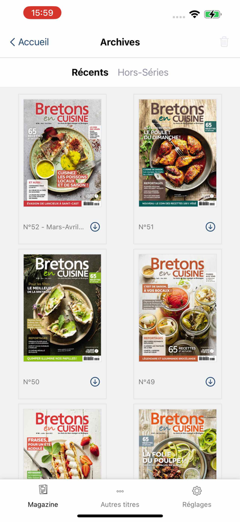 Archives screen of the Bretons en Cuisine app showing various magazine issues with regional food recipes