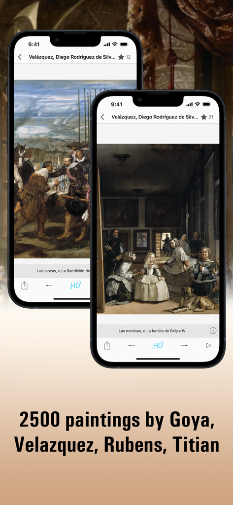 Prado Museum HD - Two iPhones displaying masterpieces by Velazquez in the Prado Museum HD app.
