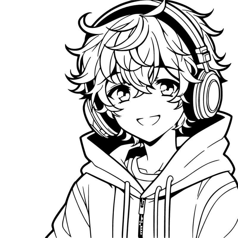 anime boy with headphones wearing a hoodie and curly hair smiling