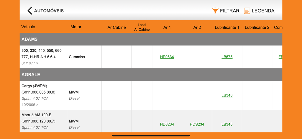Table in the Filtros Vox app showing a catalog of air and lubricant filters for different vehicle models and engines