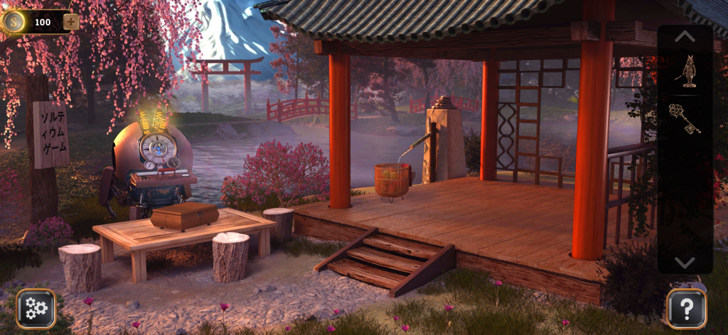 Time Travel: Escape Game - A puzzle scene in a traditional Japanese garden featuring cherry blossoms and a time machine.