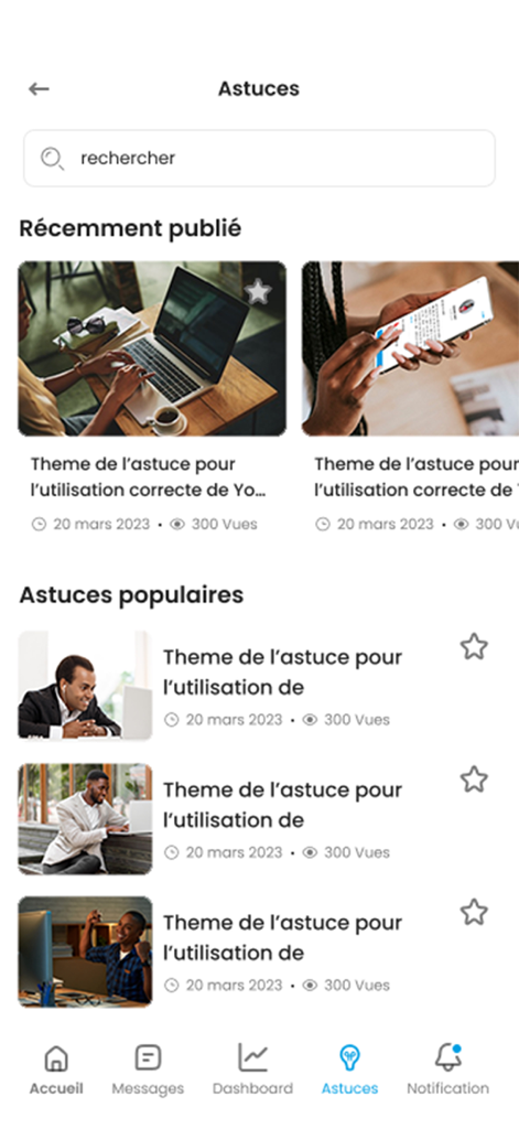 YoupiJob - Job seeking - Interface de l'application YoupiJob montrant une liste de conseils de carrière et d'articles de conseils professionnels
