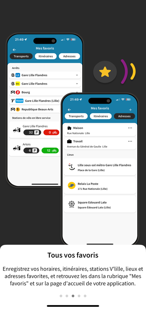ilévia - Ilevia mobile app displaying saved transit routes bike stations and favorite addresses