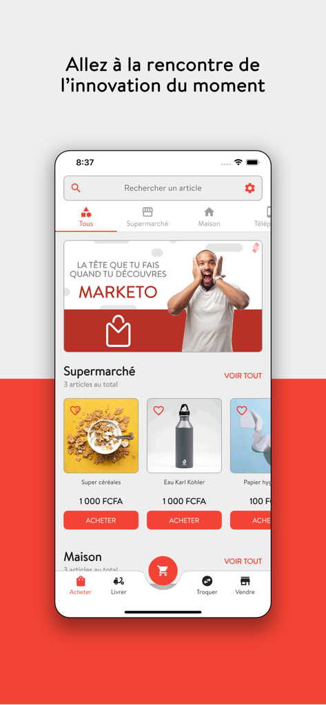Marketo - Marketo mobile app home screen with product listings for supermarket items and options to buy barter and sell