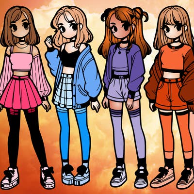 one girl with crop-top shirt and a jacket with a skirt, long socks and another girl with a shirt and pants with a jacket