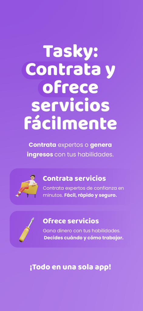 Tasky - Servicios en un clic - Pantalla de inicio de la aplicación Tasky en español para contratar servicios de mantenimiento y profesionales del hogar