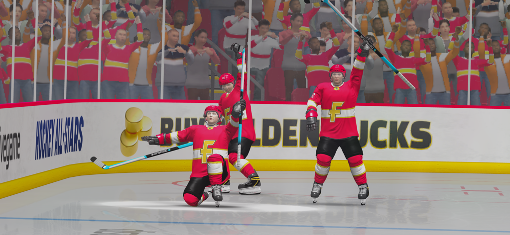 Hockey All Stars 24 - Jugadores de hockey con camisetas rojas personalizadas celebrando en la pista de hielo