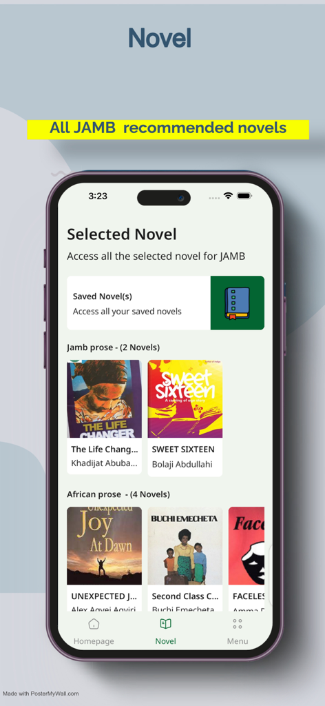 JAMB CBT PRACTICE 2026 - LFX - 試験準備のためにJAMB推奨の小説とアフリカの散文のリストを表示するモバイルアプリ画面。