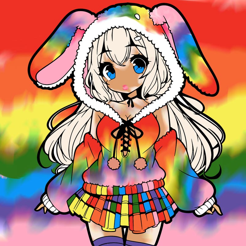 pretty anime girl wearing a fluffy hoodie with bunny ears on the hood and a skirt