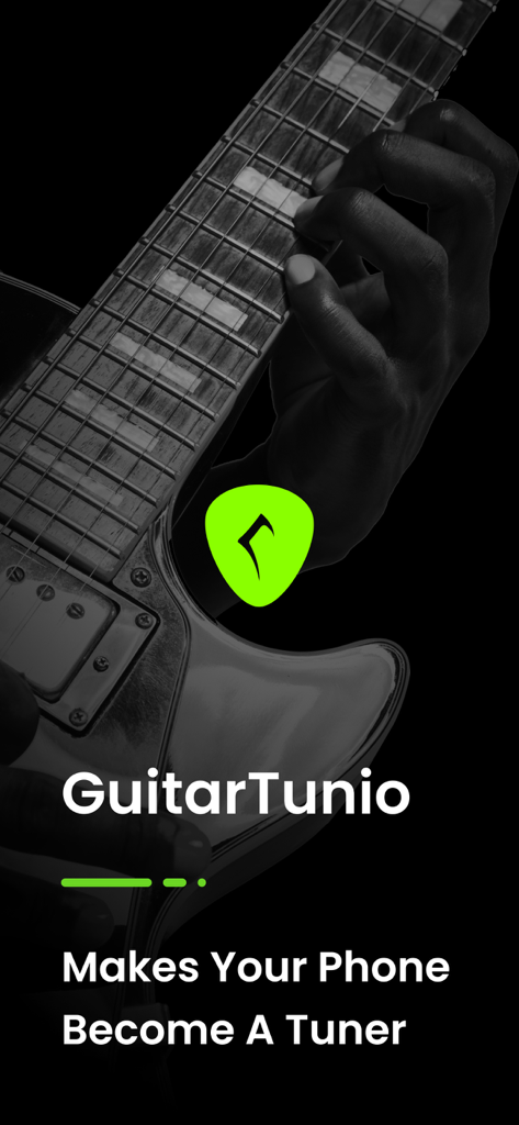 Guitar Tuner - GuitarTunio - Guitar Tunio App Splash Screen mit einer Gitarre und dem Text Macht Ihr Telefon zu einem Stimmgerät