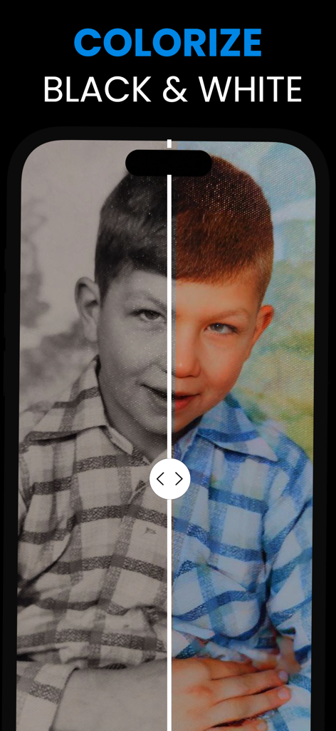Black and White to Color· - A split screen showing an old black and white photo of a boy being colorized with AI technology