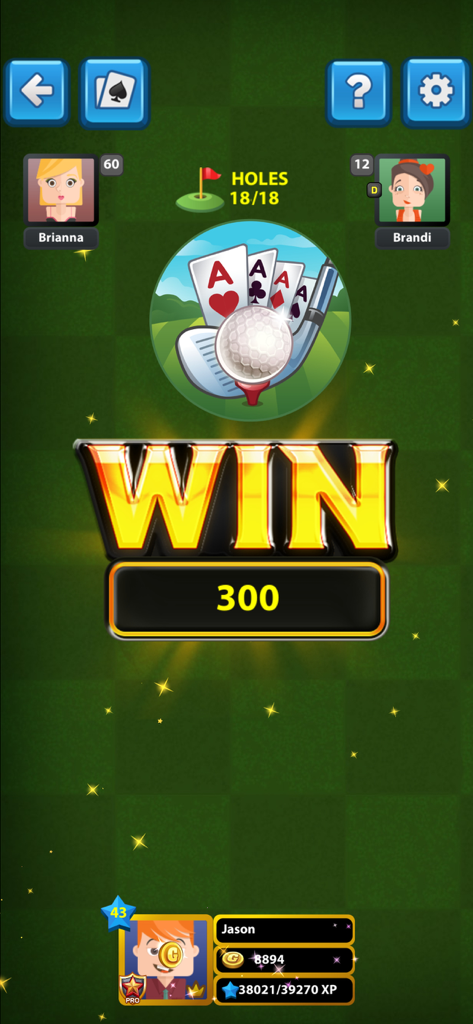 Golf Card Game Classic - Victory screen in Golf Card Game Classic showing a large gold WIN message with 300 points earned and player avatars.