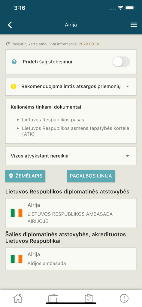 Keliauk saugiai アプリ画面。アイルランドに関する渡航安全推奨事項とリトアニア大使館情報が表示されています。