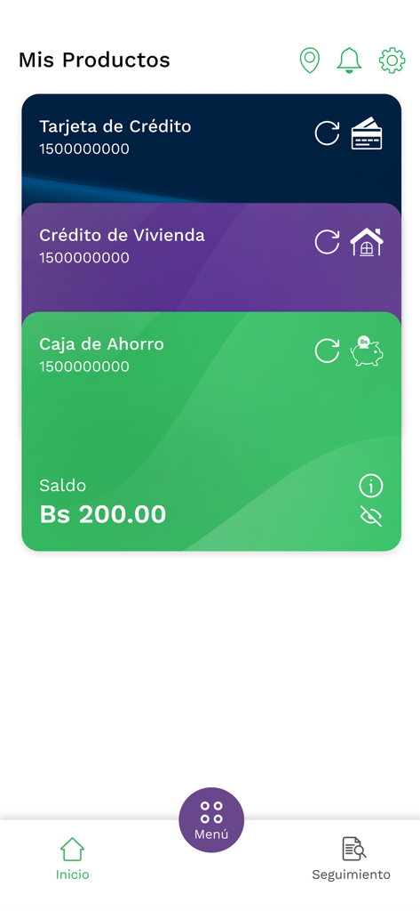BNB Movil App-Oberfläche mit einer Liste von Finanzprodukten wie Sparkonten und Krediten