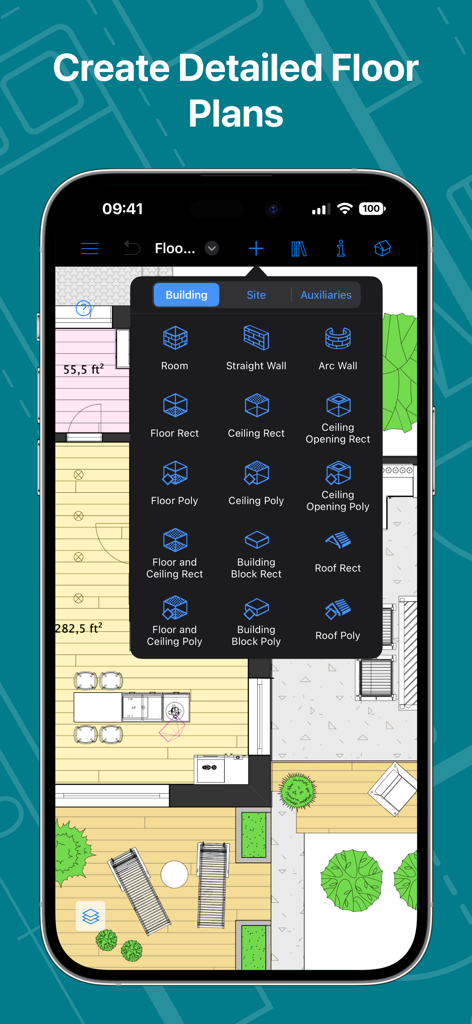 Interface de l'application iPhone Live Home 3D Pro pour la création de plans d'étage 2D détaillés avec des outils de construction structurelle
