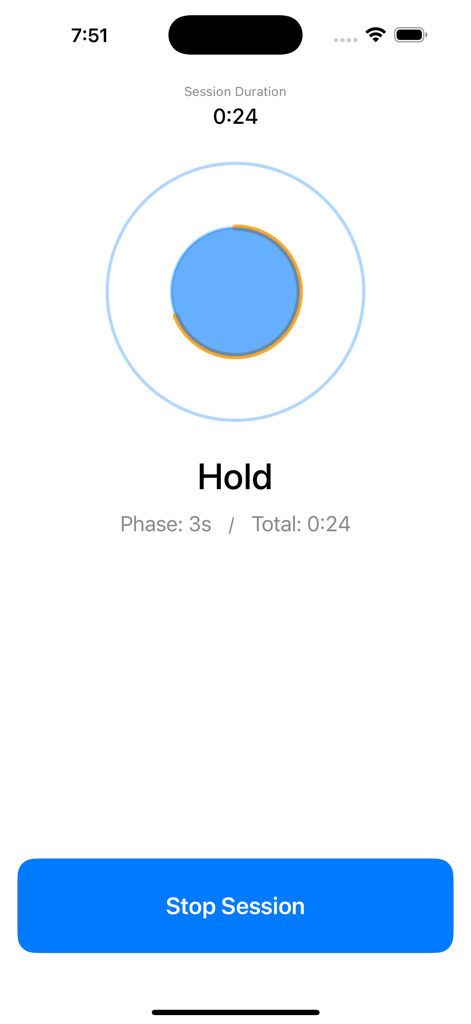 BreathAnchor - Interfaz de la aplicación BreathAnchor que muestra la fase de retención de una sesión de respiración personalizable.
