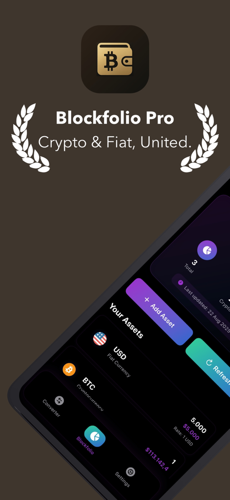 Blockfolio Pro: Crypto Tracker - Blockfolio Pro mobile app interface showing unified tracking of cryptocurrency and fiat currency assets