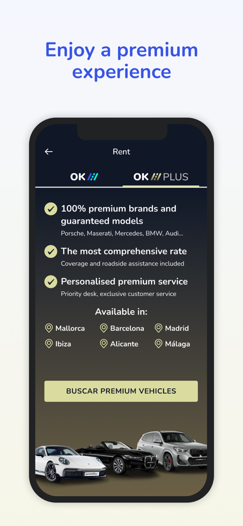 OK Mobility - Écran de l'application OK Mobility montrant les avantages de location de voiture premium et les véhicules de luxe comme Porsche et BMW