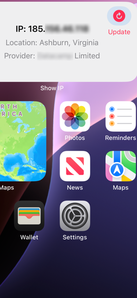 Show IP Widget - Show IP Widget on iPhone home screen displaying network IP address location and ISP information