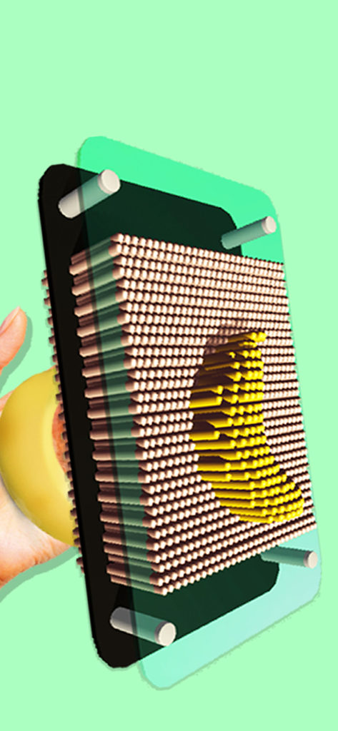 A digital 3D pin art toy forming a yellow banana shape for sensory stress relief