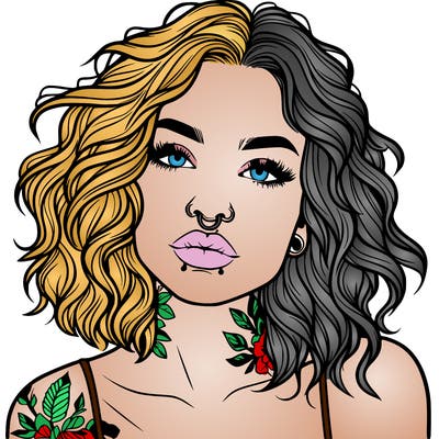 realistic woman with septum piercing and wavy hair and tattoos
