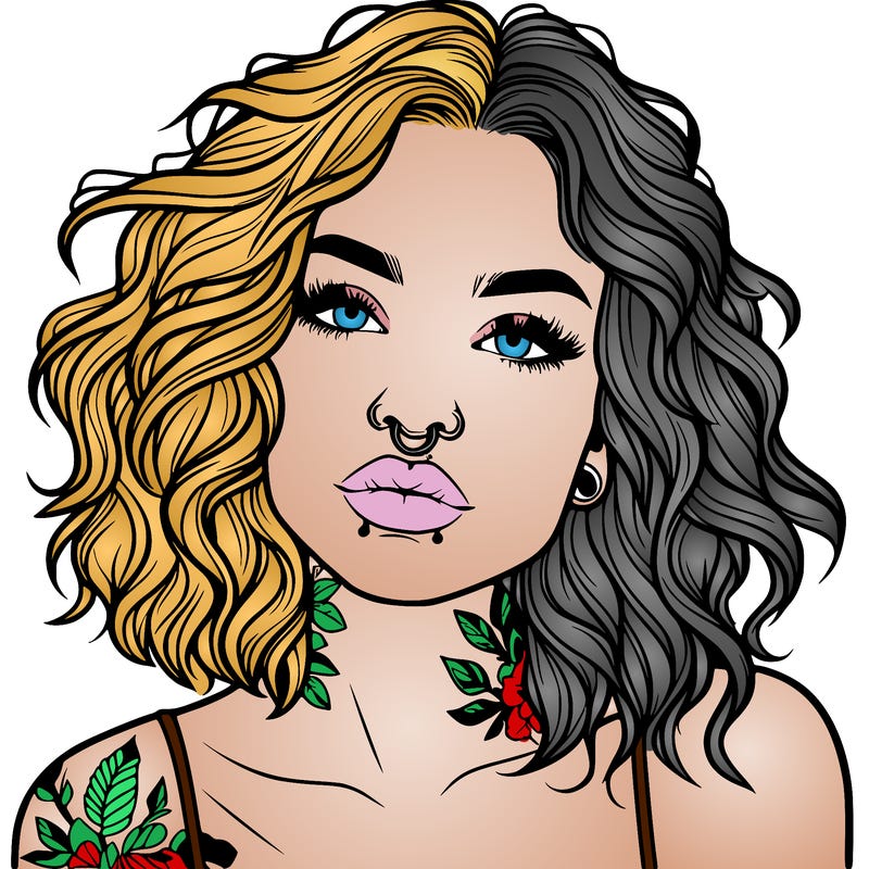 realistic woman with septum piercing and wavy hair and tattoos