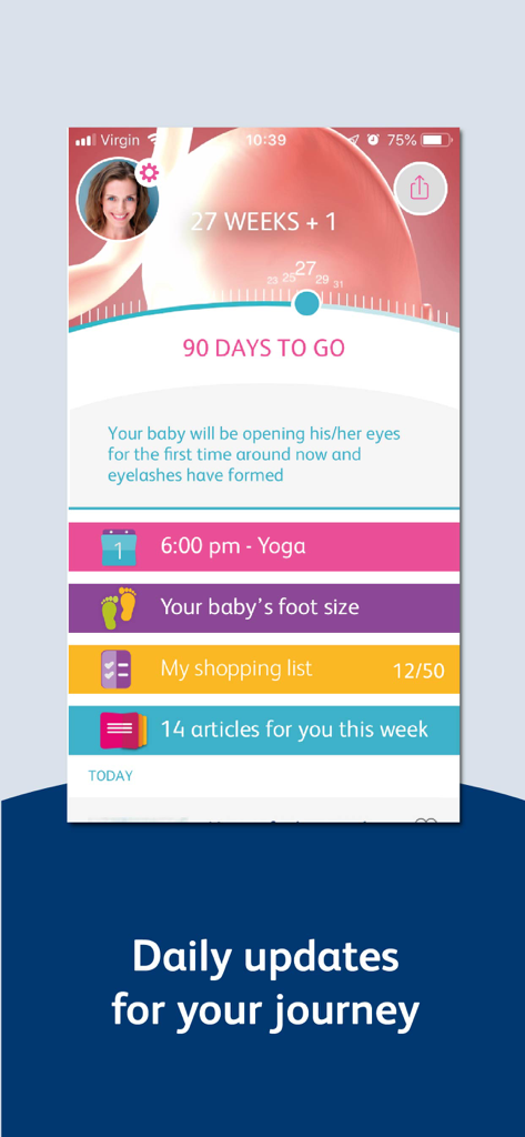 Bounty Pregnancy and Baby App dashboard showing a 27 week pregnancy tracker and daily baby updates