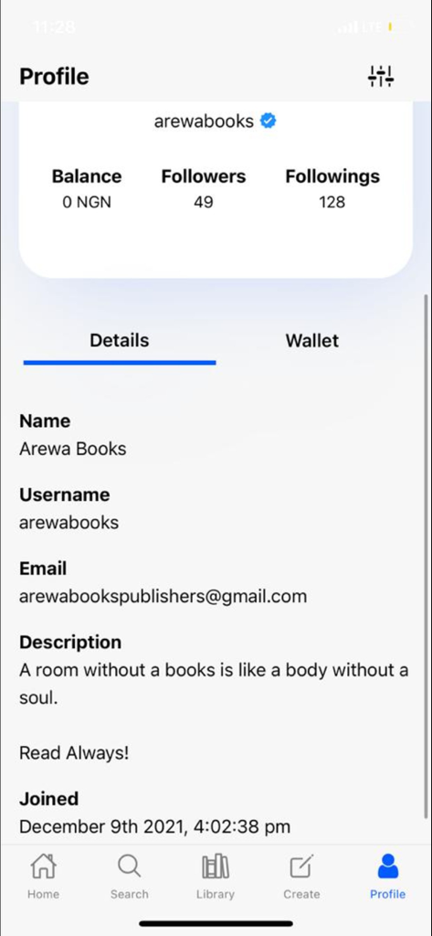 ArewaBooks app profile screen showing user information and followers