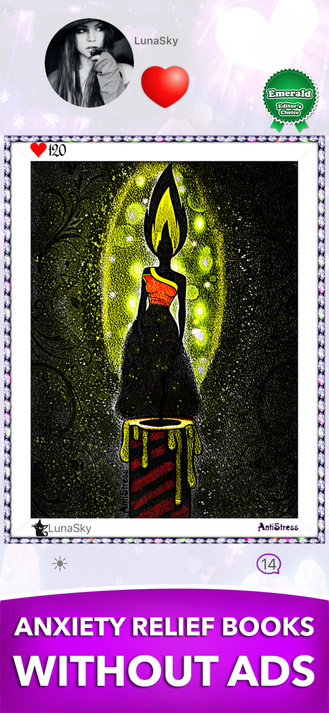 AntiStress Adult Coloring Book - An artistic coloring page from the AntiStress Adult Coloring Book app featuring a woman with a flame head and text promoting anxiety relief without ads