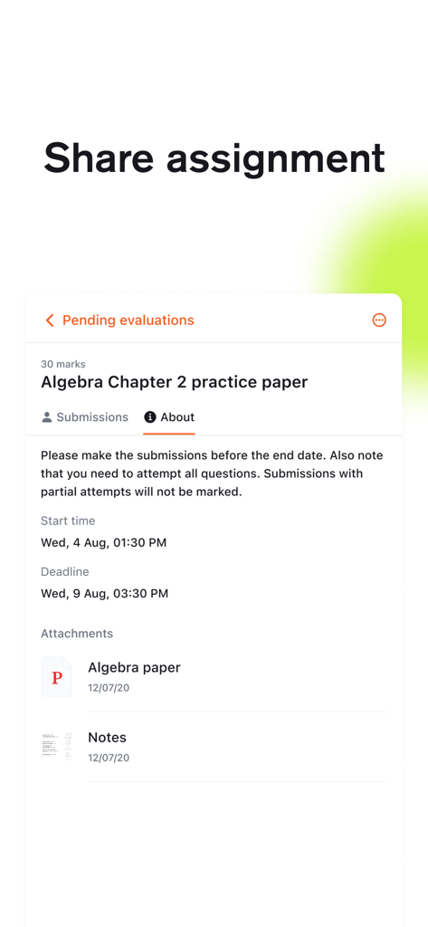 Mobile app screen displaying assignment details including Algebra practice paper instructions, start and end times, and downloadable resources.