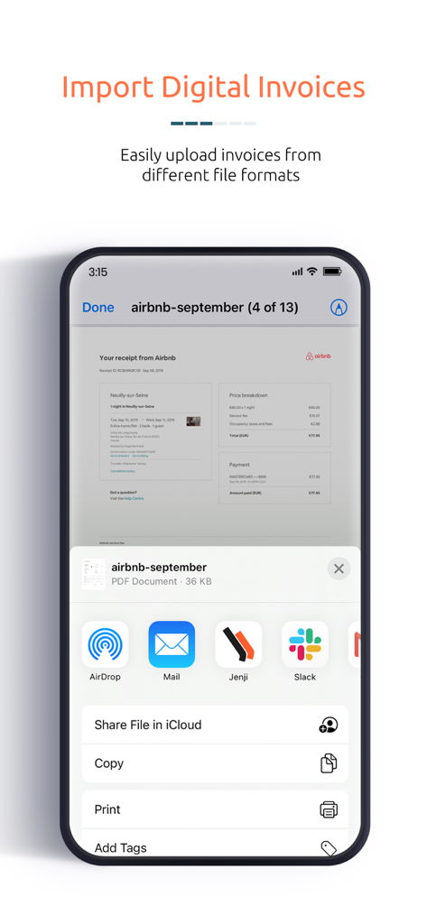Interface de l'application Jenji montrant comment importer des reçus et des factures numériques depuis le menu de partage d'un iPhone
