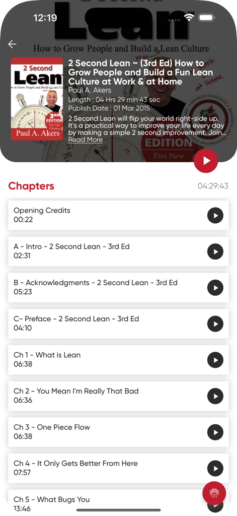 2 Second Lean Play - Interface do aplicativo 2 Second Lean Play mostrando a lista de capítulos do audiolivro 2 Second Lean 3ª Edição