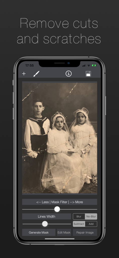 Damaged Photo Restore & Repair - App interface showing manual scratch removal on an old vintage family photo.