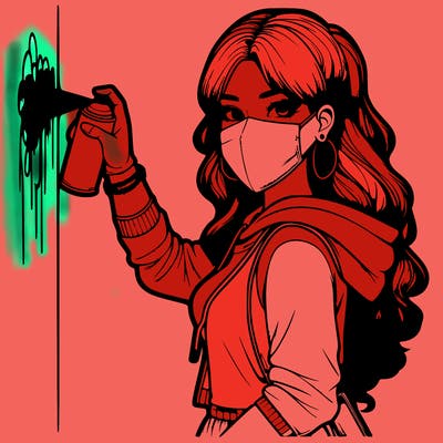 realistic girl with mask spray painting a wall