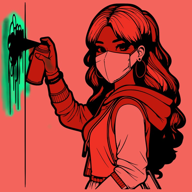 realistic girl with mask spray painting a wall