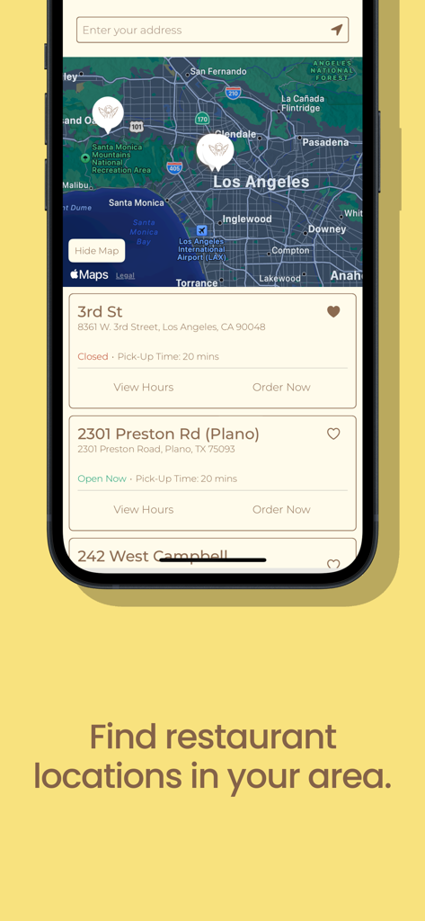 A mobile app interface showing a map of Los Angeles with cafe locations and a list of store addresses below it.