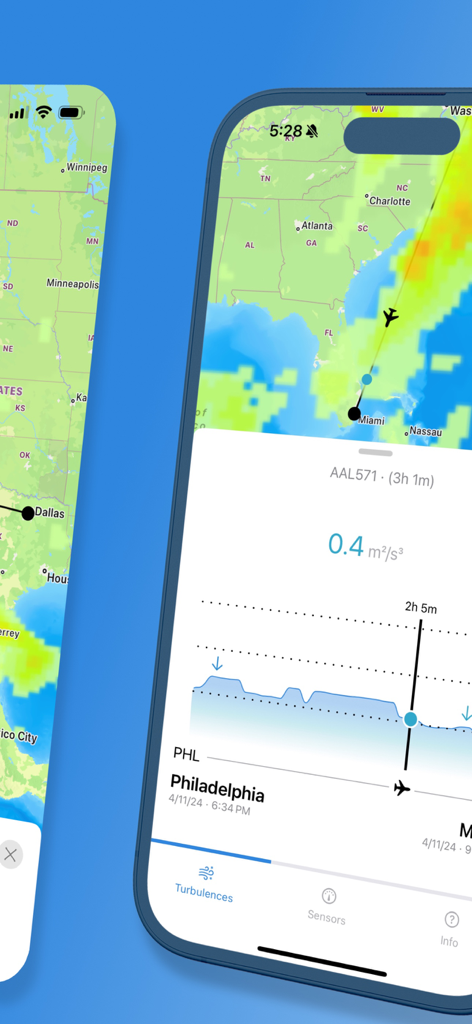 Flying Calmly - Flying Calmly app interface displaying a flight turbulence forecast map and intensity report