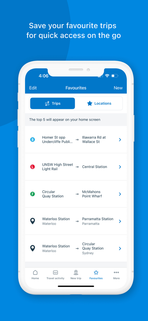 Screenshot of the Opal Travel app Favourites screen showing a list of saved transit trips for bus, light rail, and ferry routes.