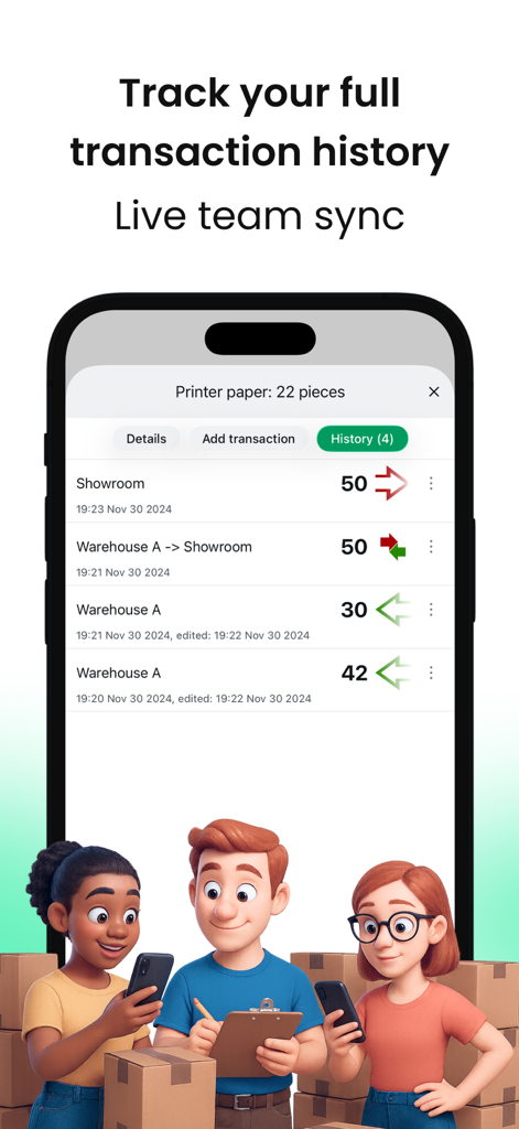 Transaction history and live team sync interface of the Mobile Inventory app