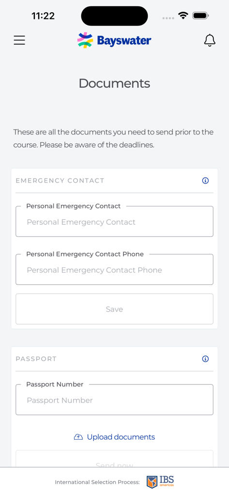 IBS Americas - Interface do aplicativo IBS Americas mostrando a página de documentos para upload de informações de contato de emergência e passaporte.