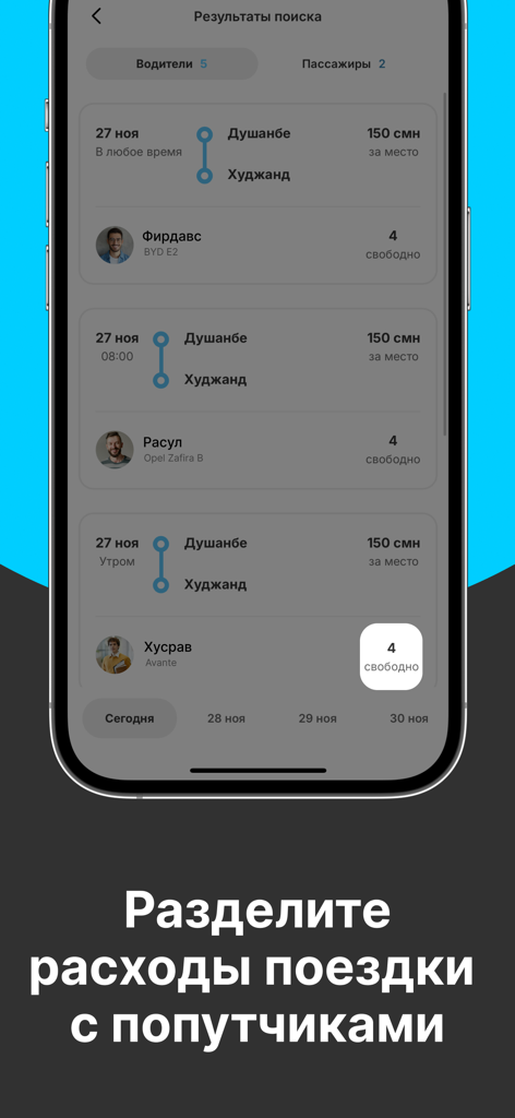 Hamroh - такси по межгороду - Interface of the Hamroh app showing search results for intercity carpool rides with driver names, car models, and prices.