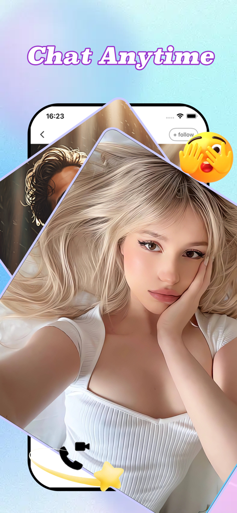 실시간 영상 프로필과 언제든지 채팅 텍스트가 표시된 Chattr의 모바일 앱 인터페이스