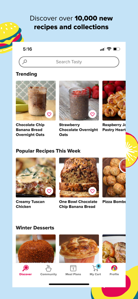 Tasty: Recipes, Cooking Videos - Tastyモバイルアプリのディスカバーページ。検索バーがあり、トレンドのレシピや人気のレシピが表示されています。